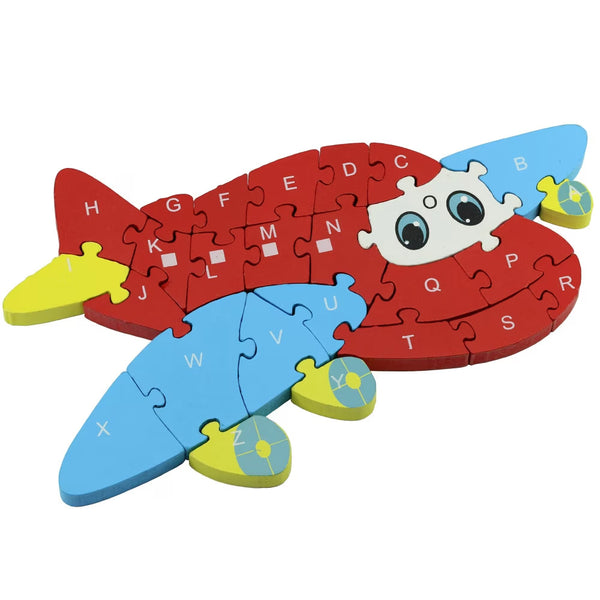 Puzzle din lemn - avion cu litere si cifre